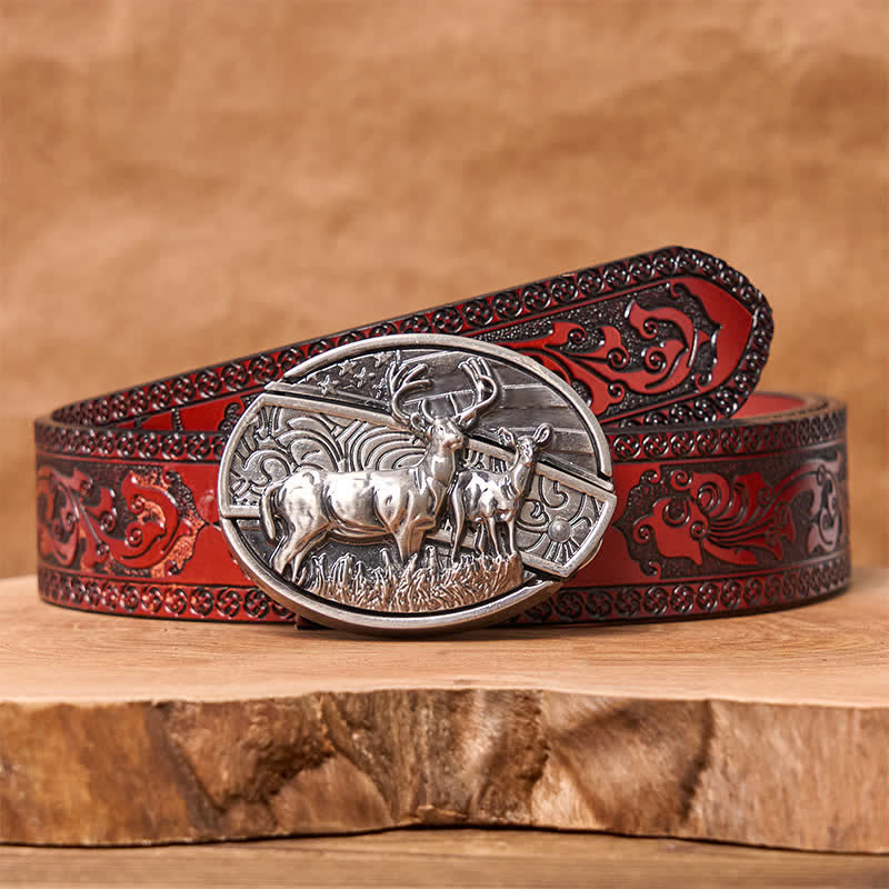 Men's DIY Deer Flag Hidden Folding Knife Leather Belt