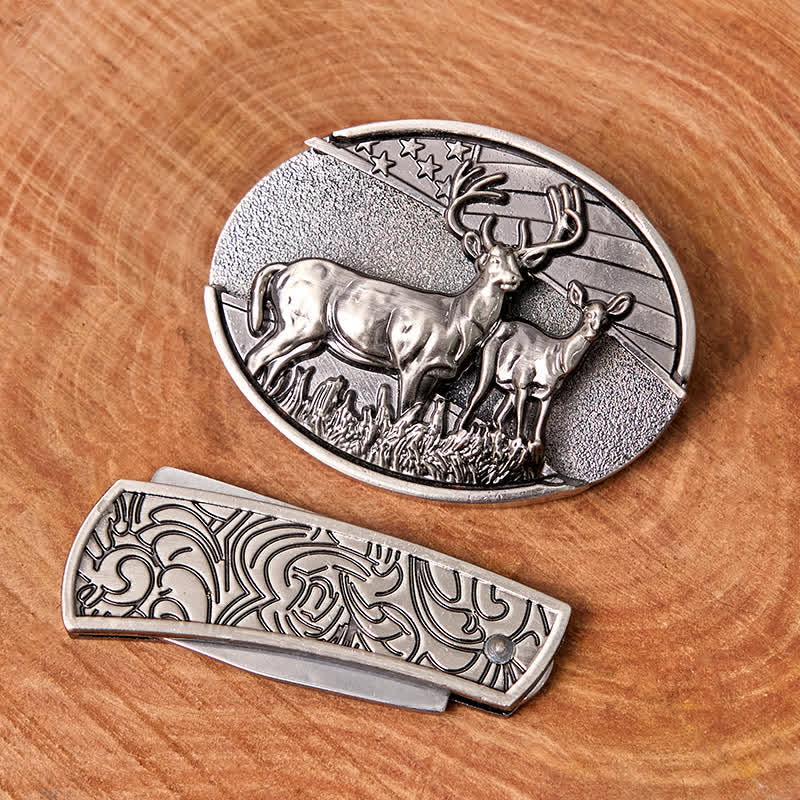 Men's DIY Deer Flag Hidden Folding Knife Leather Belt