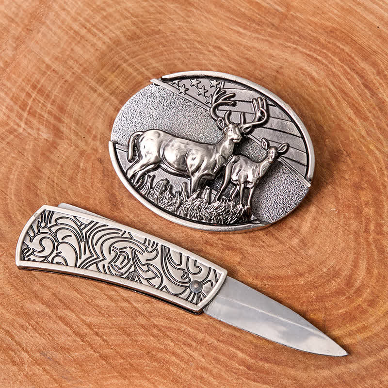 Men's DIY Deer Flag Hidden Folding Knife Leather Belt