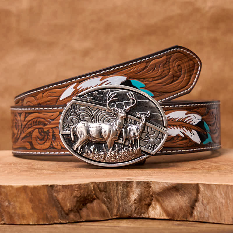 Men's DIY Deer Flag Hidden Folding Knife Leather Belt - Deer - Brown Feather Belt - 40 - image 12