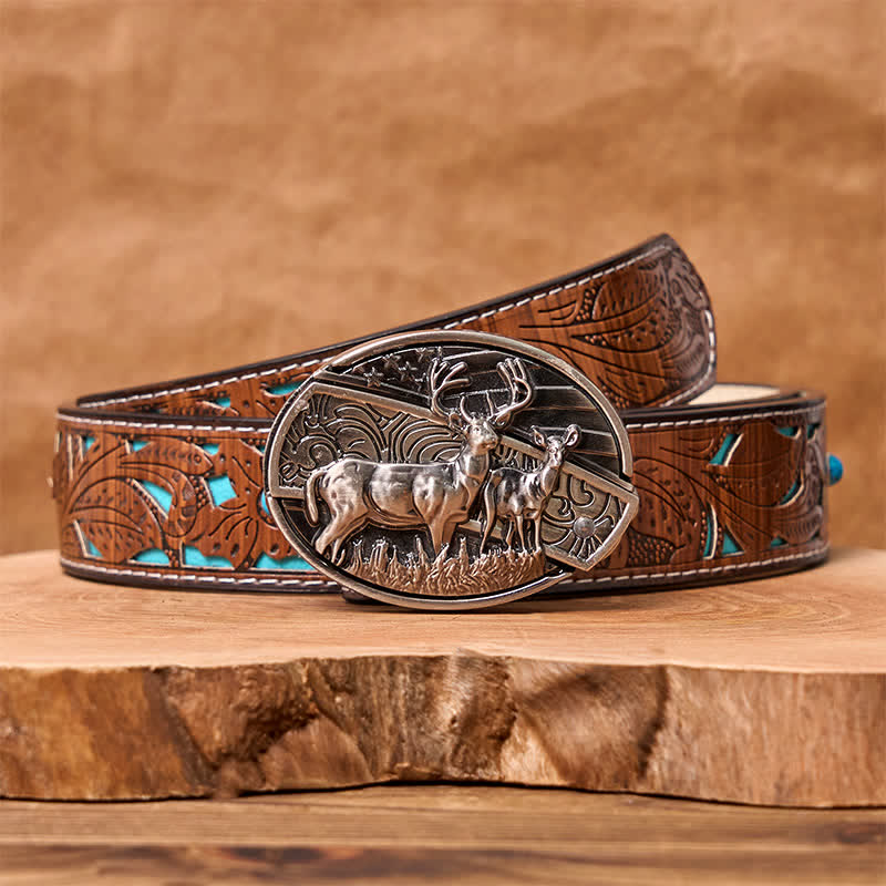 Men's DIY Deer Flag Hidden Folding Knife Leather Belt - Deer - Turquoise Carved Belt - 42 - image 8