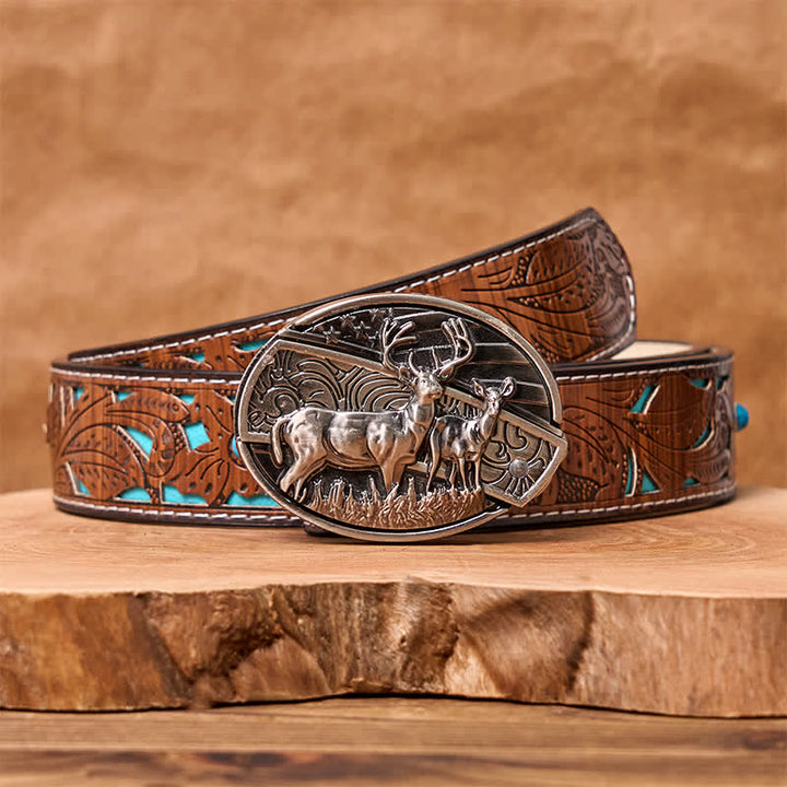 Men's DIY Deer Flag Hidden Folding Knife Leather Belt
