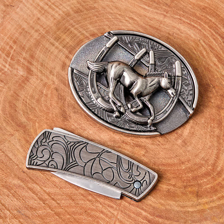 Men's DIY Galloping Horse Hidden Folding Knife Leather Belt - image 3