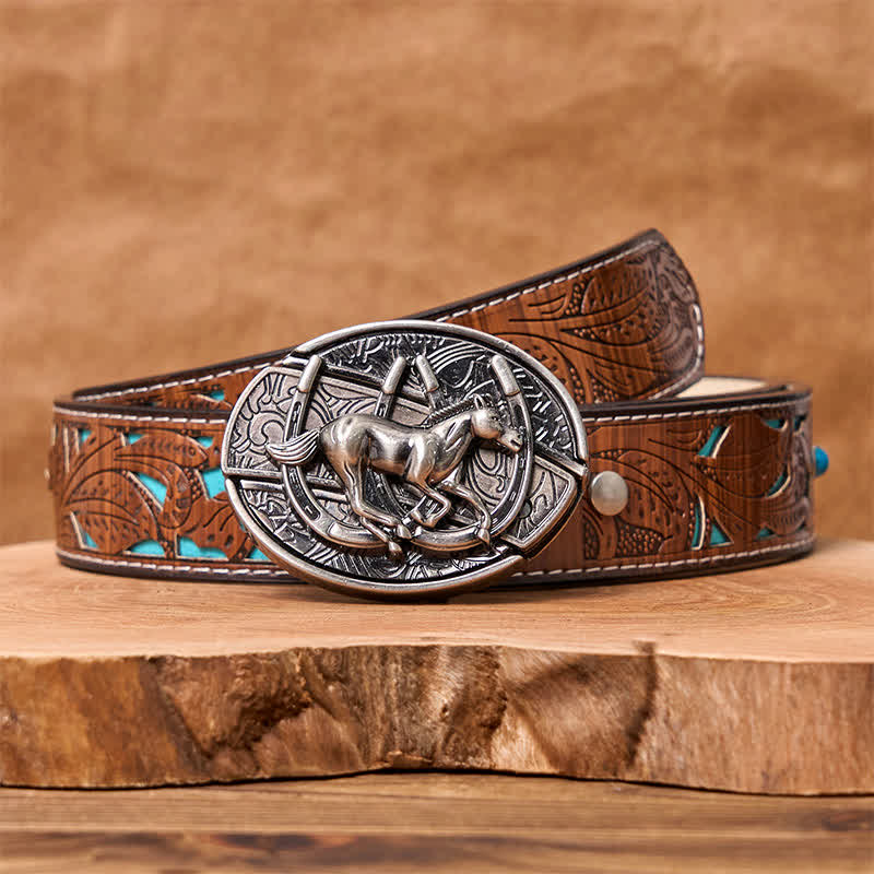 Men's DIY Galloping Horse Hidden Folding Knife Leather Belt - Galloping Horse - Turquoise Carved Belt - 42 - image 8