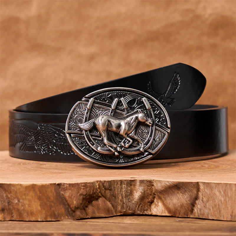 Men's DIY Galloping Horse Hidden Folding Knife Leather Belt - Galloping Horse - Black Embossed Eagle Belt - 42 - image 9