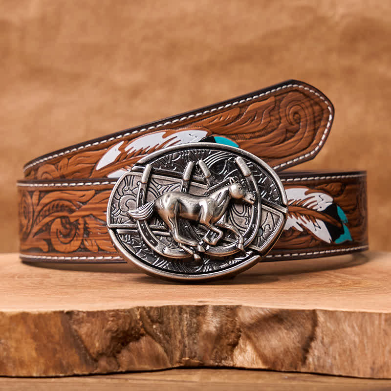 Men's DIY Galloping Horse Hidden Folding Knife Leather Belt - Galloping Horse - Brown Feather Belt - 40 - image 12