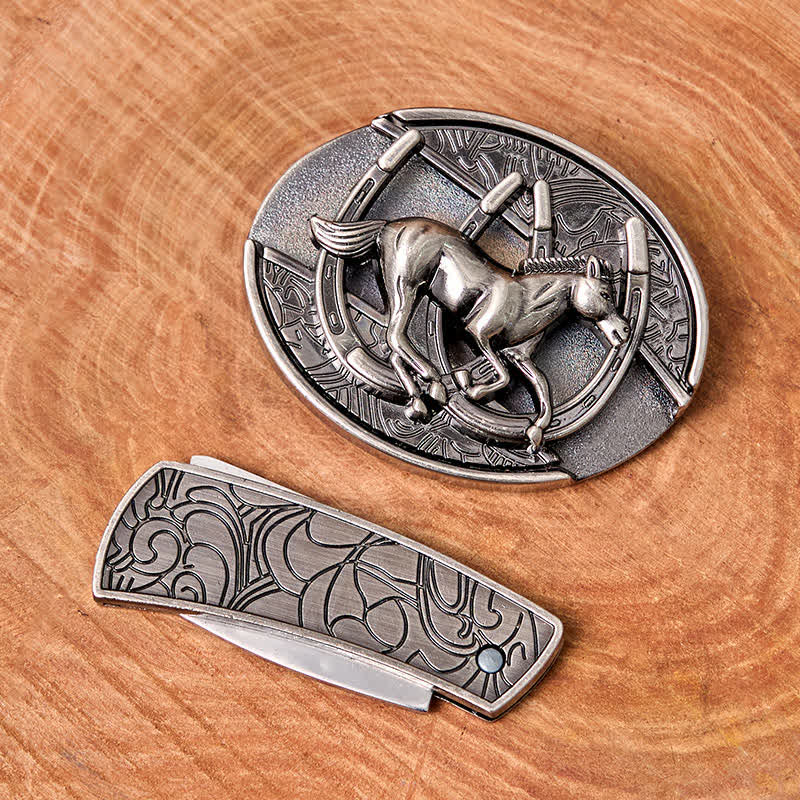 Men's DIY Galloping Horse Hidden Folding Knife Leather Belt - image 3