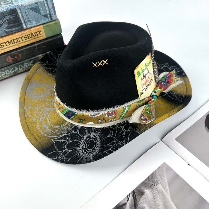Spray-painted Sunflower Feather Decor Western Cowboy Hat - Black - M (22"-22 7/8") - image 3