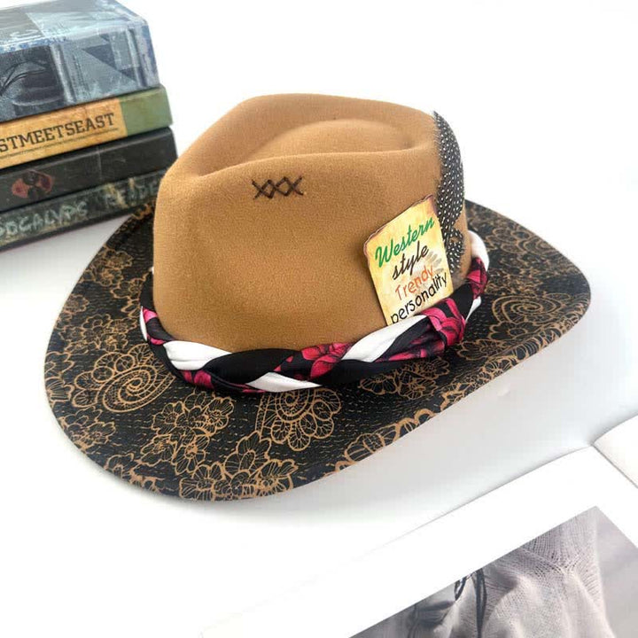 Two Tone Daisy Feather Decor Ethnic Strap Cowboy Hat - Khaki - M (22"-22 7/8") - image 0