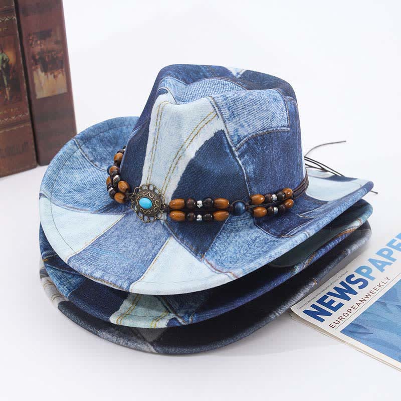 Color-blocking Design Wooden Beads Band Denim Cowboy Hat - image 1