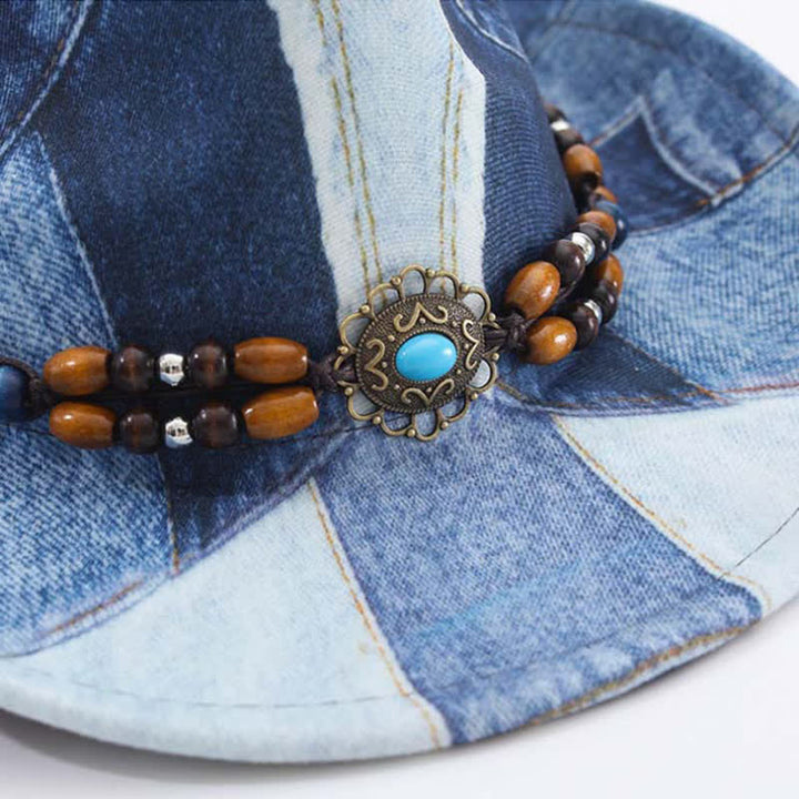 Color-blocking Design Wooden Beads Band Denim Cowboy Hat - image 3