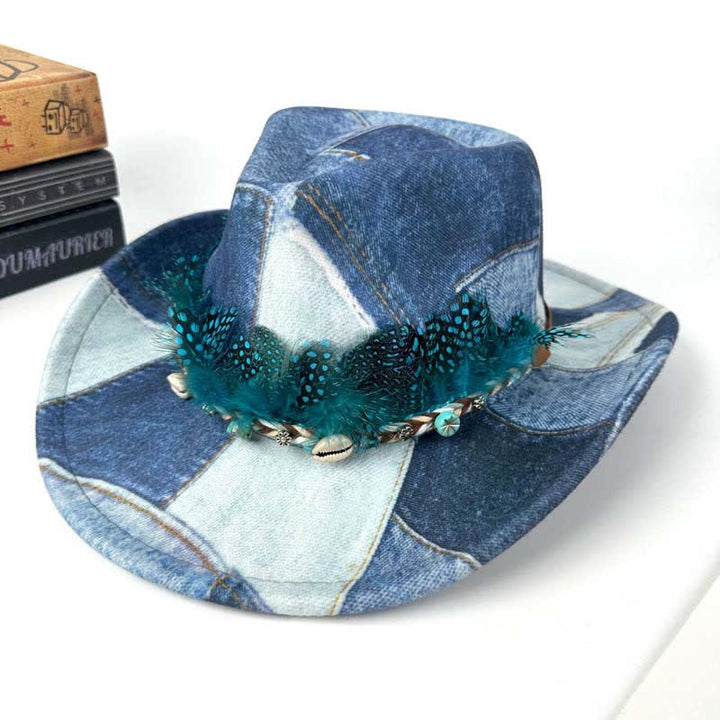 Color-blocking Design Green Feathers Denim Cowboy Hat - Blue - M (22"-22 7/8") - image 3