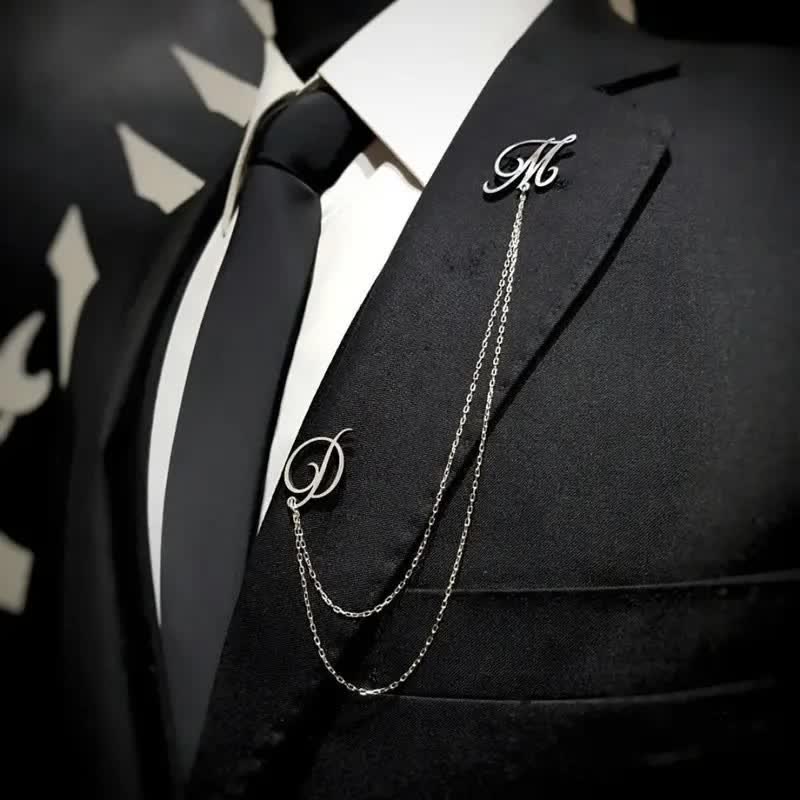 Stylish Custom Initial Letters Brooch with Chain - Silver - image 1