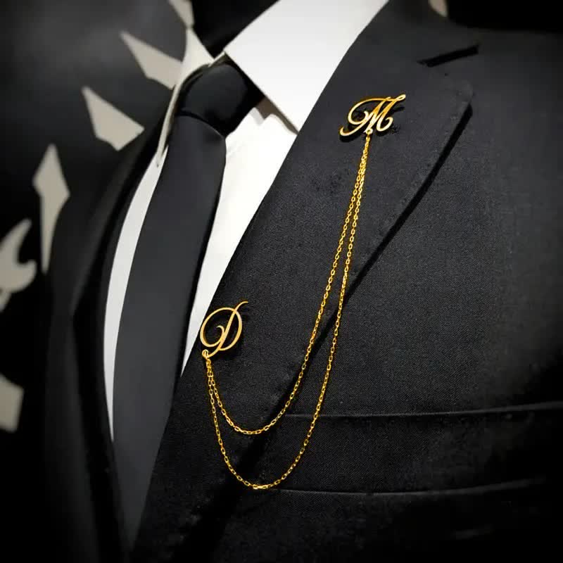 Stylish Custom Initial Letters Brooch with Chain - Gold - image 0