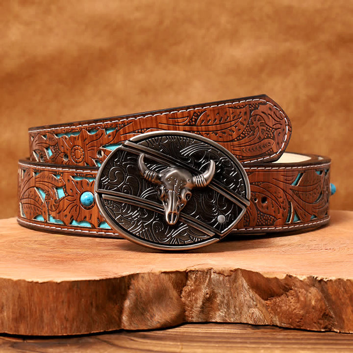 Men's DIY Longhorn Bull Hidden Folding Knife Leather Belt - Longhorn Bull - Turquoise Carved Belt - 42 - image 9