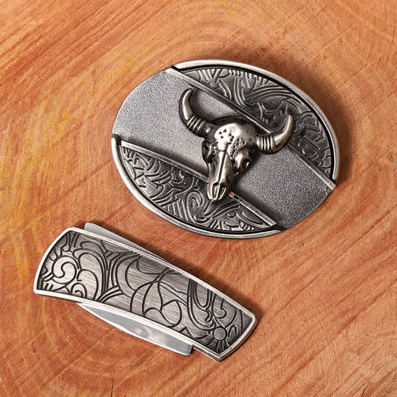 Men's DIY Longhorn Bull Hidden Folding Knife Leather Belt - image 3