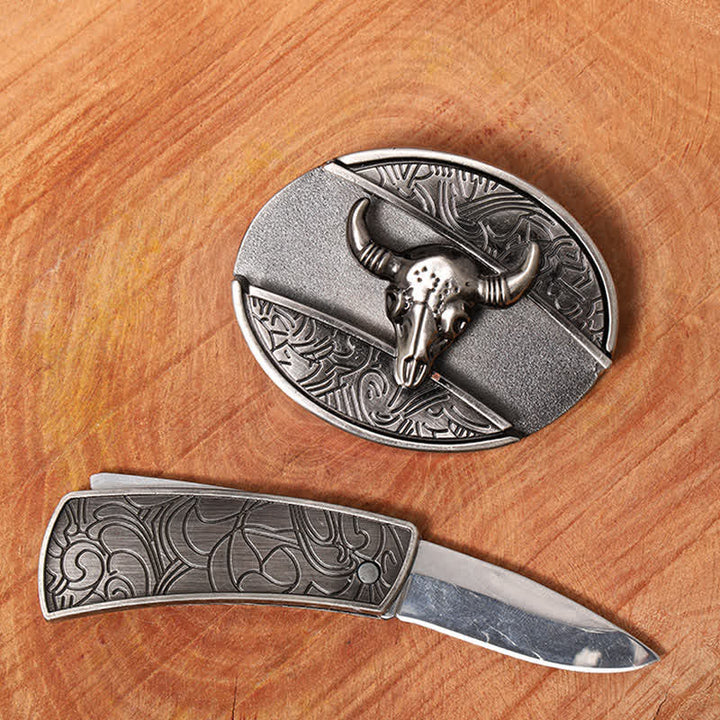 Men's DIY Longhorn Bull Hidden Folding Knife Leather Belt - image 1