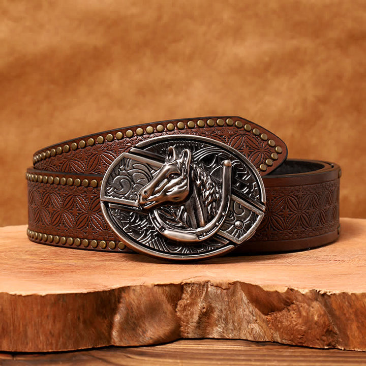 Men's DIY Horse Head Hidden Folding Knife Leather Belt - Horse Head - Brown Rivet Belt - 42 - image 9