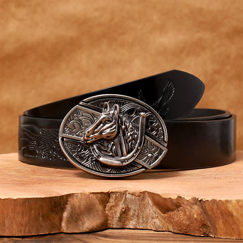 Men's DIY Horse Head Hidden Folding Knife Leather Belt - Horse Head - Black Embossed Eagle Belt - 42 - image 8