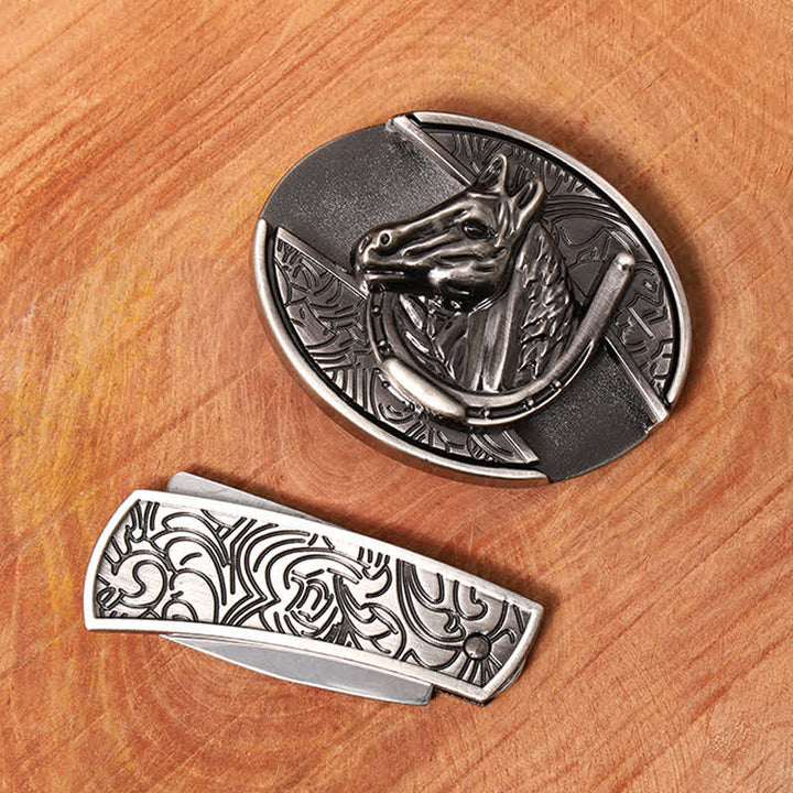 Men's DIY Horse Head Hidden Folding Knife Leather Belt - image 5