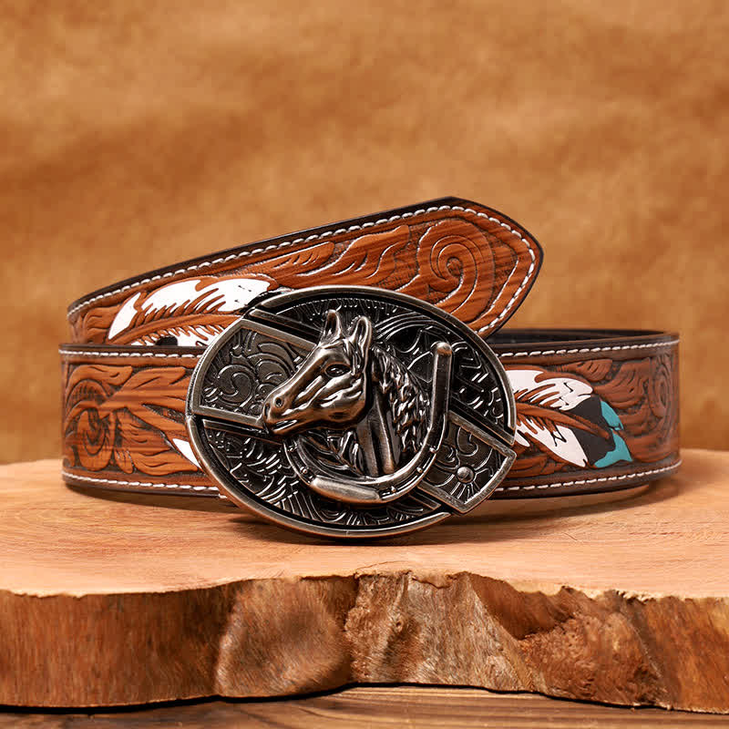 Men's DIY Horse Head Hidden Folding Knife Leather Belt - Horse Head - Brown Feather Belt - 40 - image 11