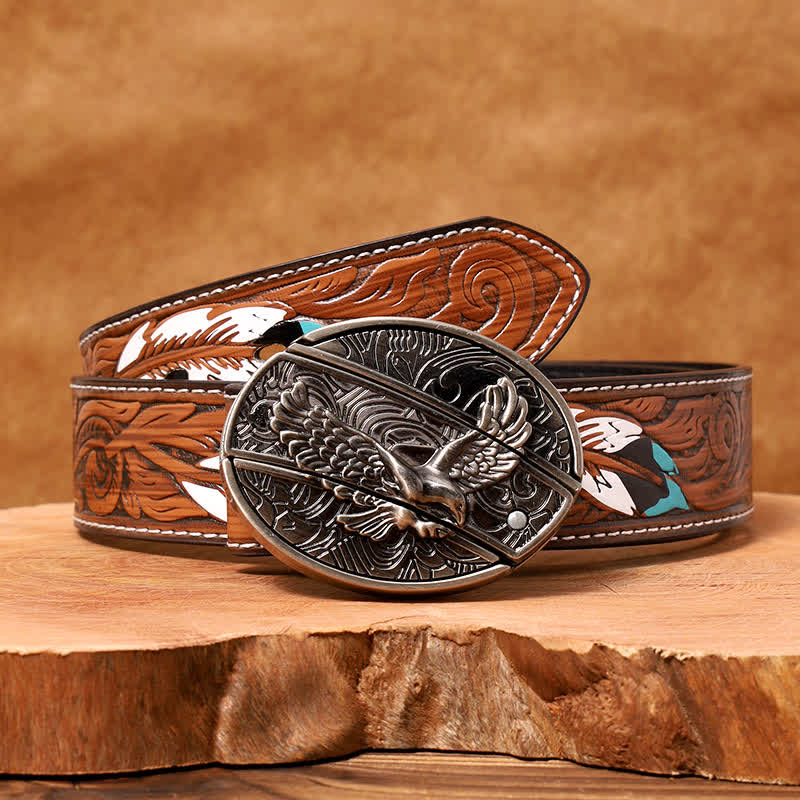 Men's DIY Soaring Eagle Hidden Folding Knife Leather Belt - Soaring Eagle - Brown Feather Belt - 40 - image 11