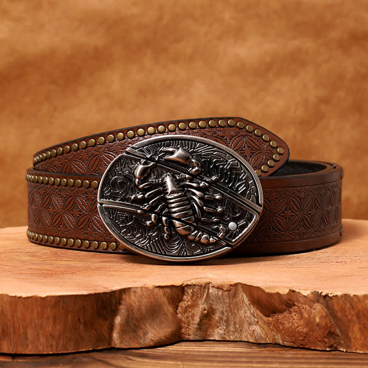 Men's DIY Scorpion Hidden Folding Knife Leather Belt - Scorpion - Brown Rivet Belt - 42 - image 8