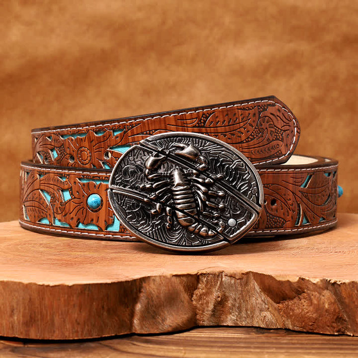 Men's DIY Scorpion Hidden Folding Knife Leather Belt - Scorpion - Turquoise Carved Belt - 42 - image 7