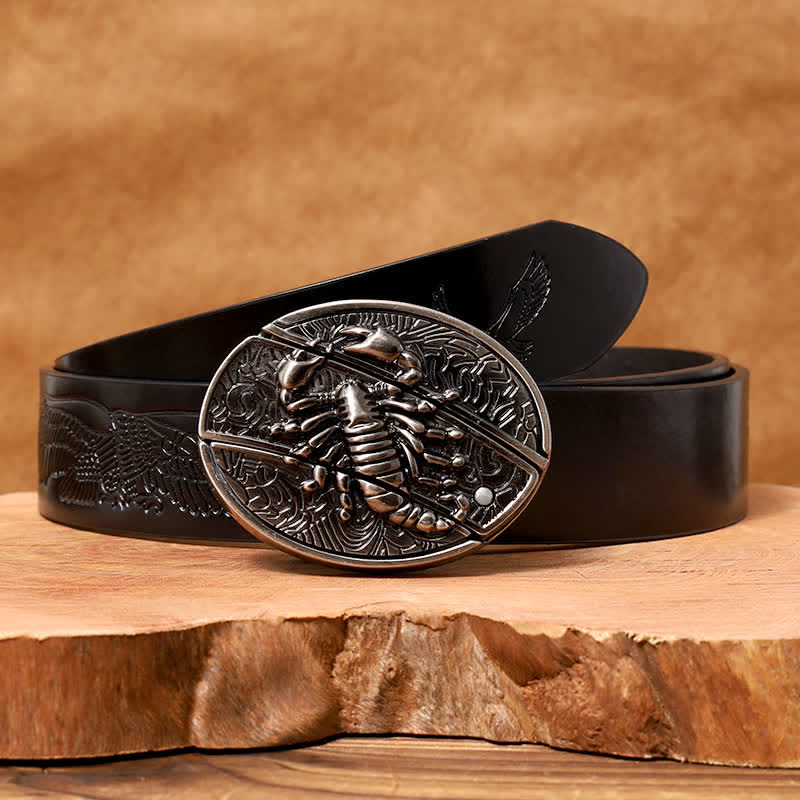Men's DIY Scorpion Hidden Folding Knife Leather Belt - Scorpion - Black Embossed Eagle Belt - 42 - image 5