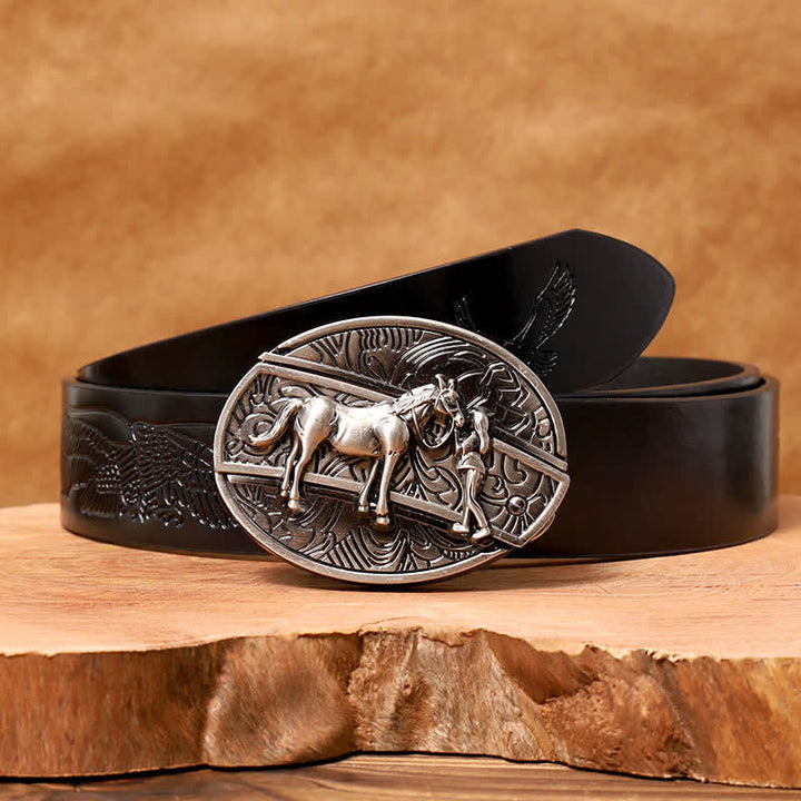 Men's DIY Cowgirl Hidden Folding Knife Leather Belt - Cowgirl - Black Embossed Eagle Belt - 42 - image 6