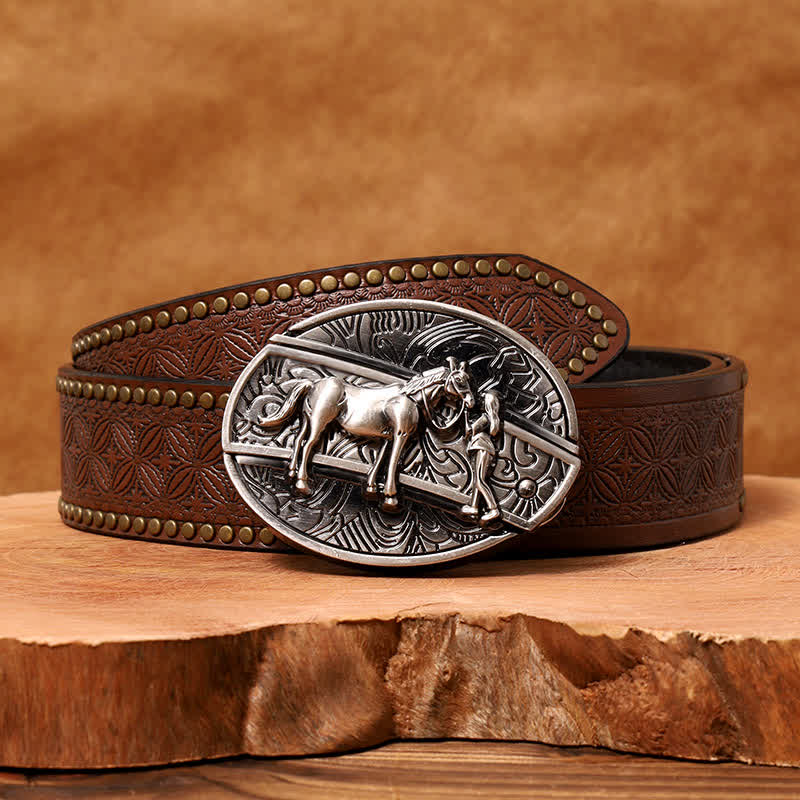 Men's DIY Cowgirl Hidden Folding Knife Leather Belt - Cowgirl - Brown Rivet Belt - 42 - image 8
