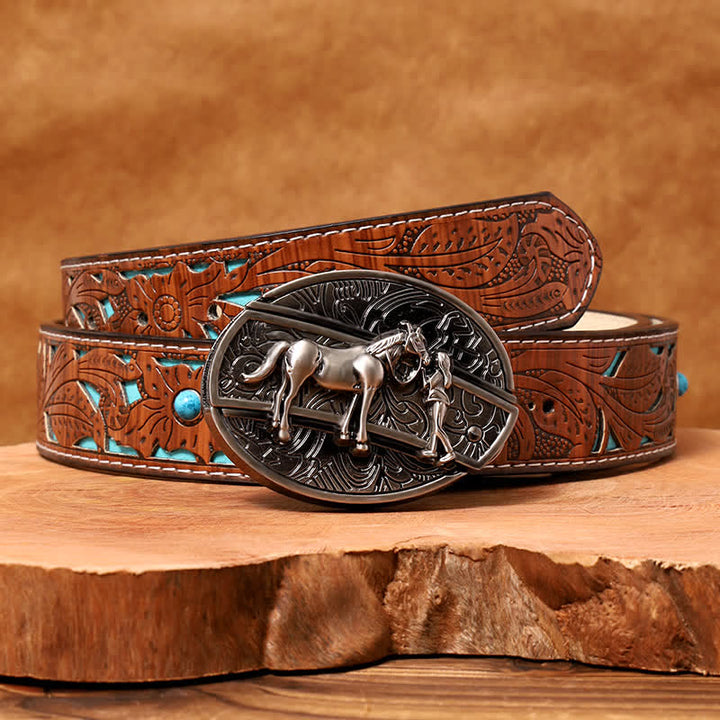 Men's DIY Cowgirl Hidden Folding Knife Leather Belt - Cowgirl - Turquoise Carved Belt - 42 - image 5