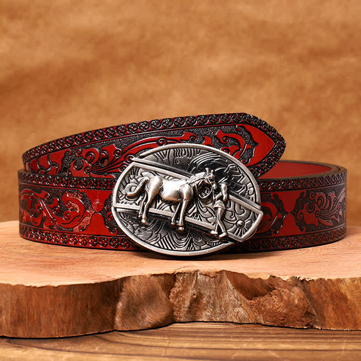 Men's DIY Cowgirl Hidden Folding Knife Leather Belt - Cowgirl - Brown Carved Belt - 42 - image 7