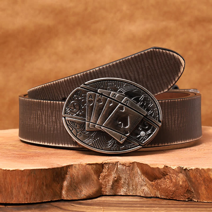 Men's DIY Poker 4 Ace Hidden Folding Knife Leather Belt - Poker 4 Ace - Brown Distressed Belt - 42 - image 8
