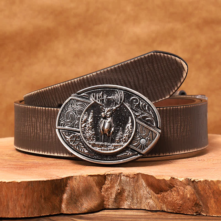 Men's DIY Forest Deer Hidden Folding Knife Leather Belt - Deer - Brown Distressed Belt - 42 - image 10