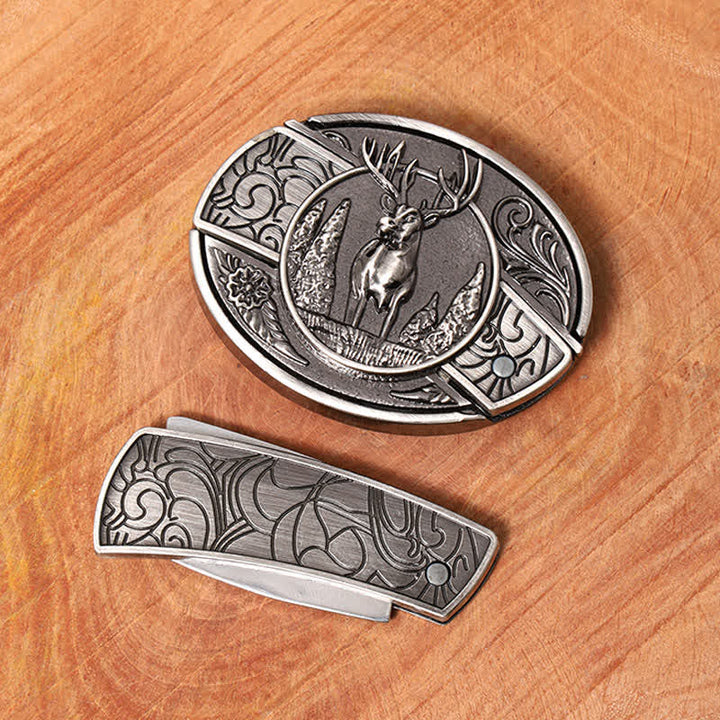 Men's DIY Forest Deer Hidden Folding Knife Leather Belt - image 3