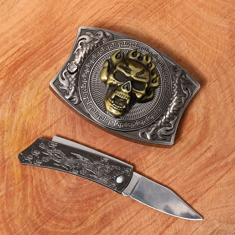 Men's DIY Flame Skull Hidden Folding Knife Leather Belt - image 1