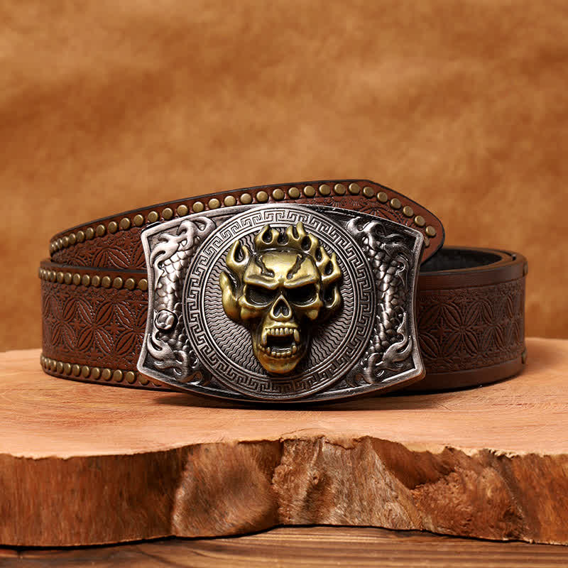 Men's DIY Flame Skull Hidden Folding Knife Leather Belt - Flame Skull - Brown Rivet Belt - 42 - image 8