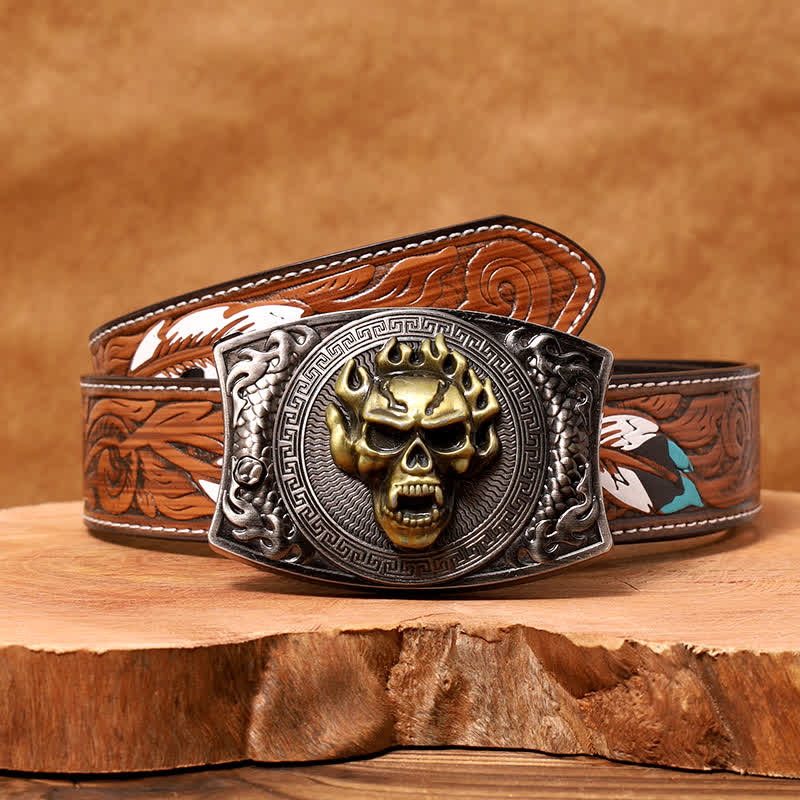 Men's DIY Flame Skull Hidden Folding Knife Leather Belt - Flame Skull - Brown Feather Belt - 40 - image 10