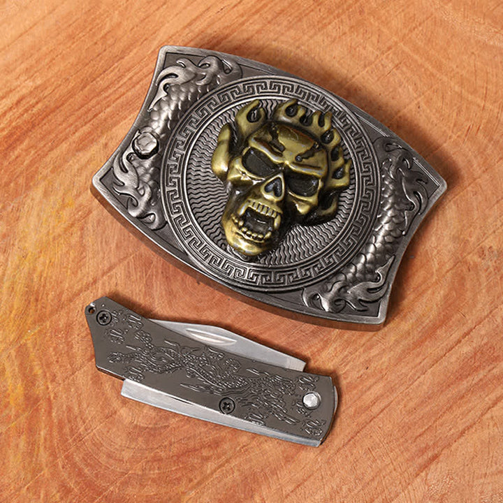 Men's DIY Flame Skull Hidden Folding Knife Leather Belt - image 4