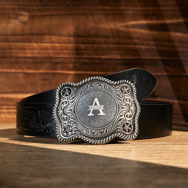 Custom Monogram Name DIY Carved Western Buckle Leather Belt - Silver - Black Embossed Eagle Belt - 42 - image 15
