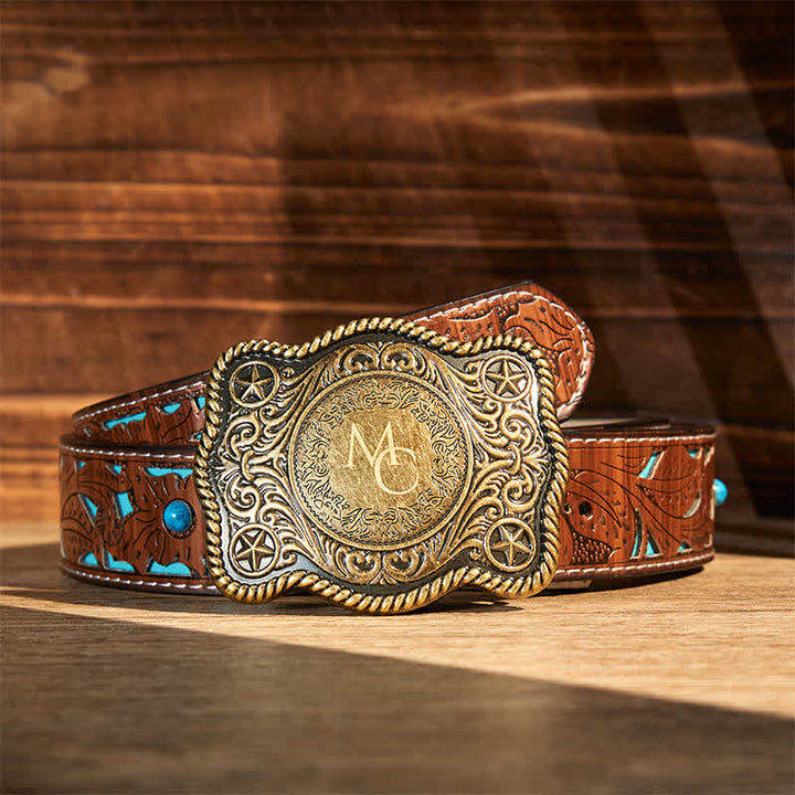 Custom Monogram Name DIY Carved Western Buckle Leather Belt - Bronze - Turquoise Carved Belt - 42 - image 6