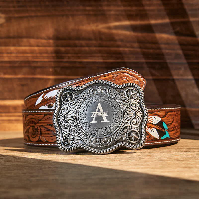 Custom Monogram Name DIY Carved Western Buckle Leather Belt - Silver - Brown Feather Belt - 40 - image 20