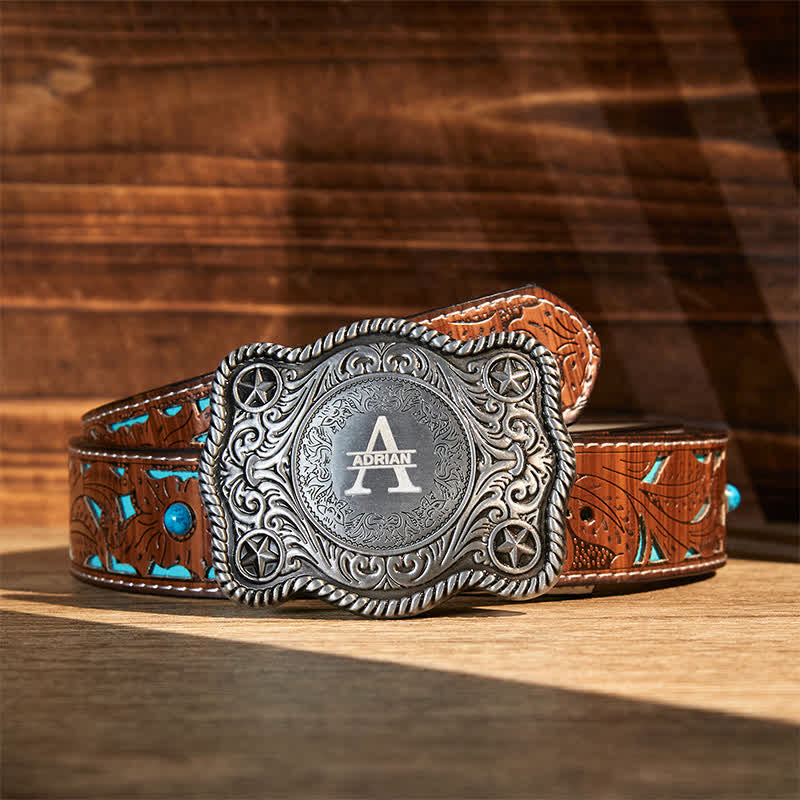 Custom Monogram Name DIY Carved Western Buckle Leather Belt - Silver - Turquoise Carved Belt - 42 - image 16