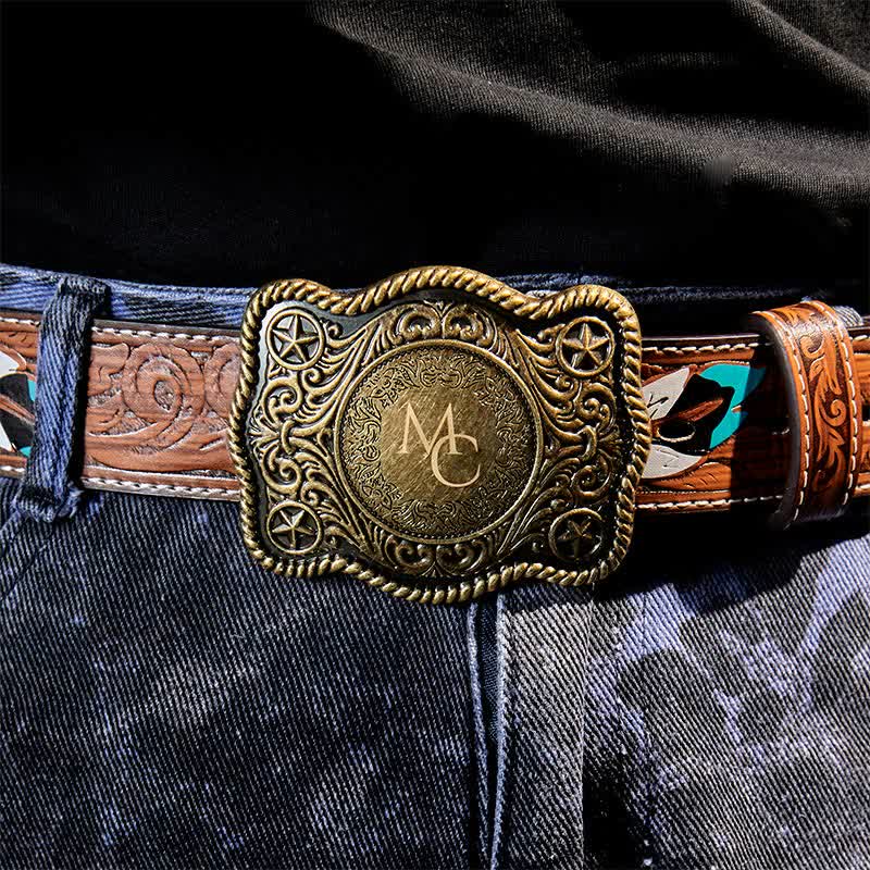Custom Monogram Name DIY Carved Western Buckle Leather Belt - image 1