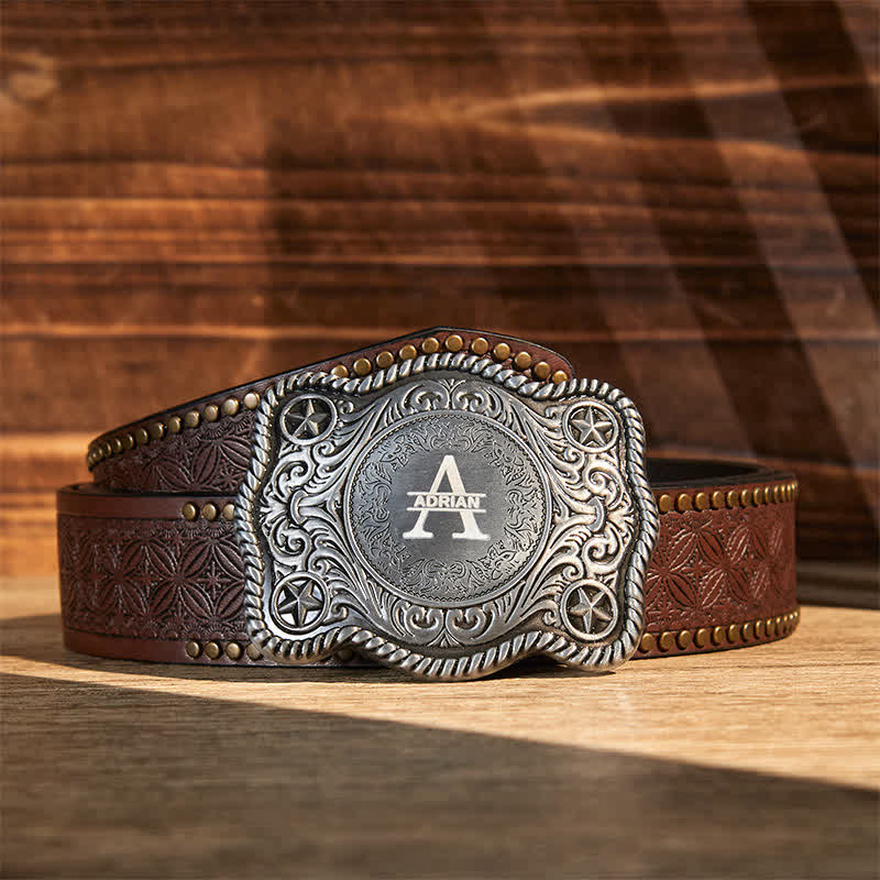 Custom Monogram Name DIY Carved Western Buckle Leather Belt - Silver - Brown Rivet Belt - 42 - image 17