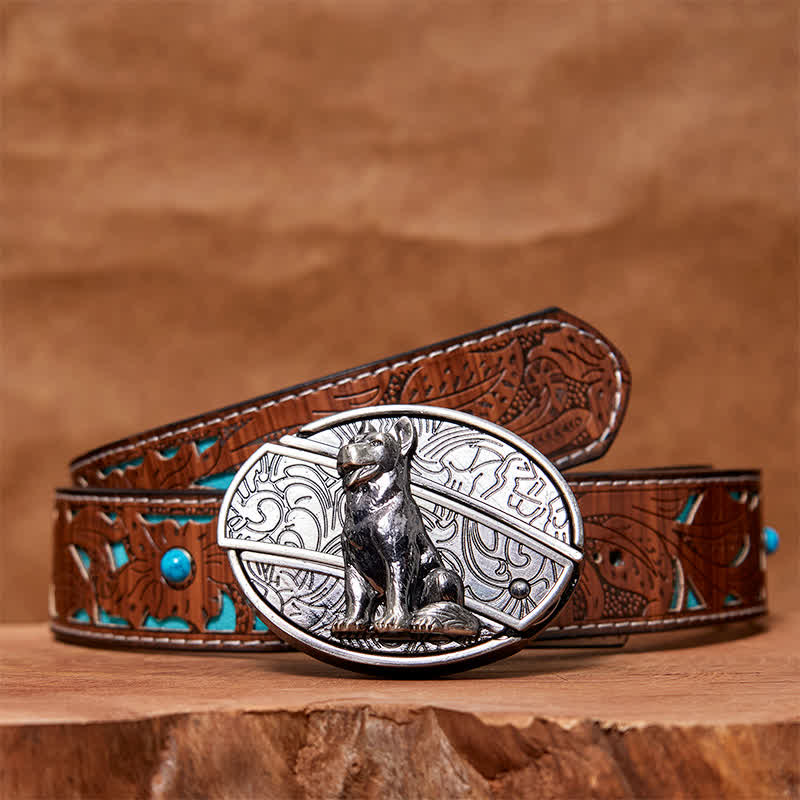 Men's DIY Loyal Dog Hidden Folding Knife Leather Belt - Loyal Dog - Turquoise Carved Belt - 42 - image 6