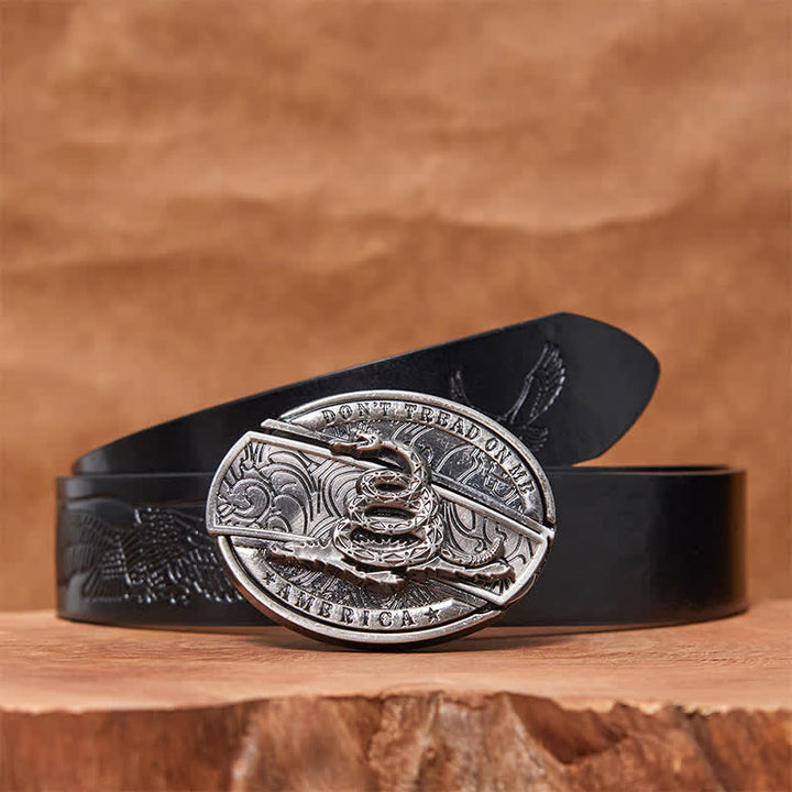 Men's DIY Black Mamba Hidden Folding Knife Leather Belt - Black Mamba - Black Embossed Eagle Belt - 42 - image 6