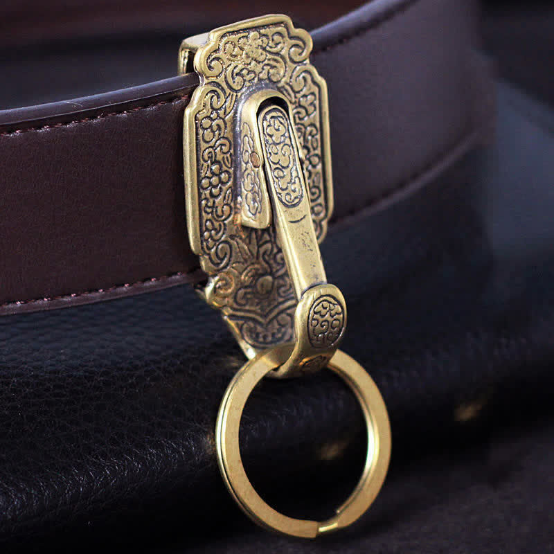 Vintage Pattern Solid Brass Buckle Hook Belt Clip Keychain - Antique Brass - image 0