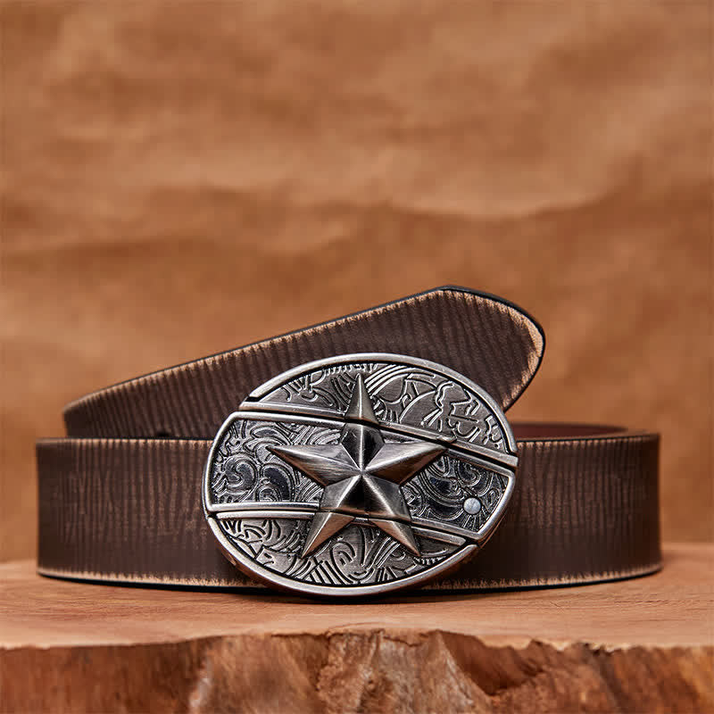 Men's DIY Pentagram Hidden Folding Knife Leather Belt - Pentagram - Brown Distressed Belt - 42 - image 8
